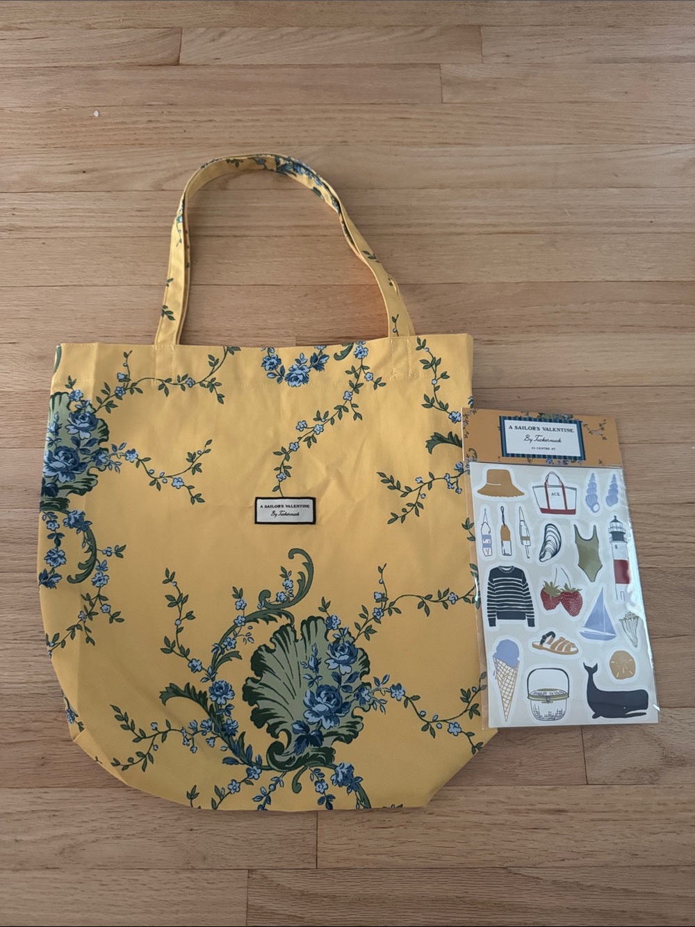 Tuckernuck Yellow Floral Tote with Blue-Green Print
